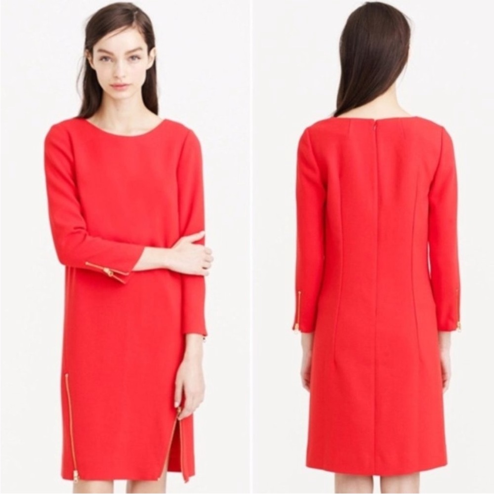 J. CREW Double Zip Shift Dress Red Gold Zipper 3/4 Sleeve Sheath Size 2P Chic